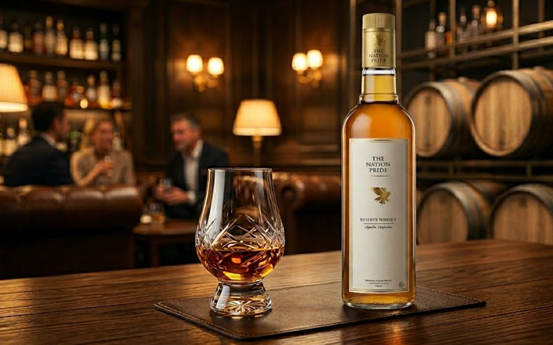 Premium Grihy Whisky brand showcasing The Nation Pride Whisky and Indralok Whisky bottles.