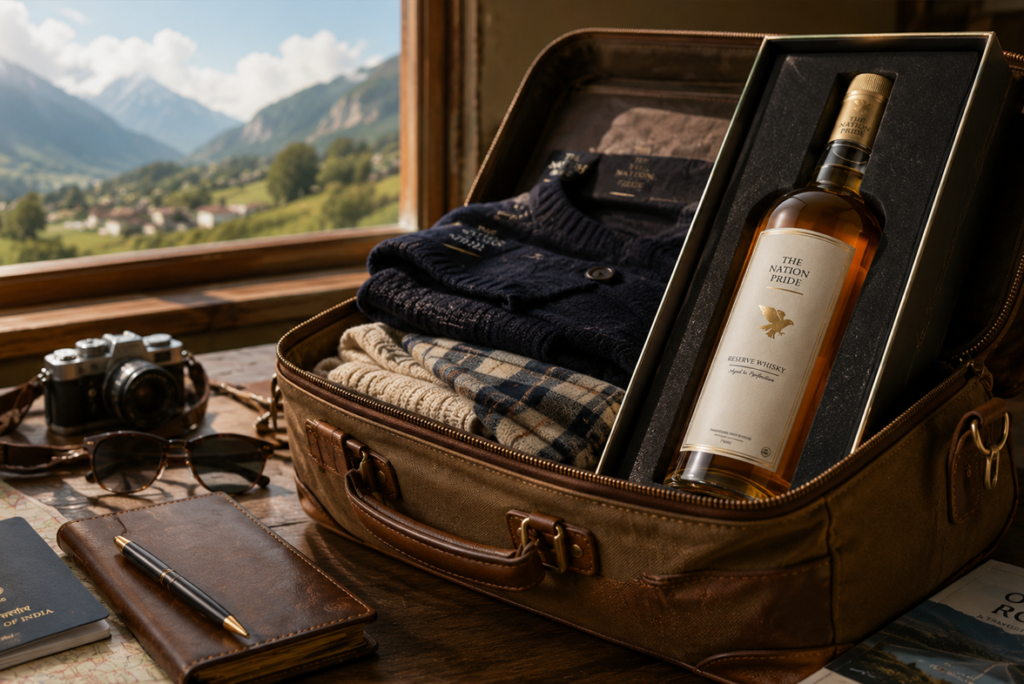 Premium whisky bottle packed for travel