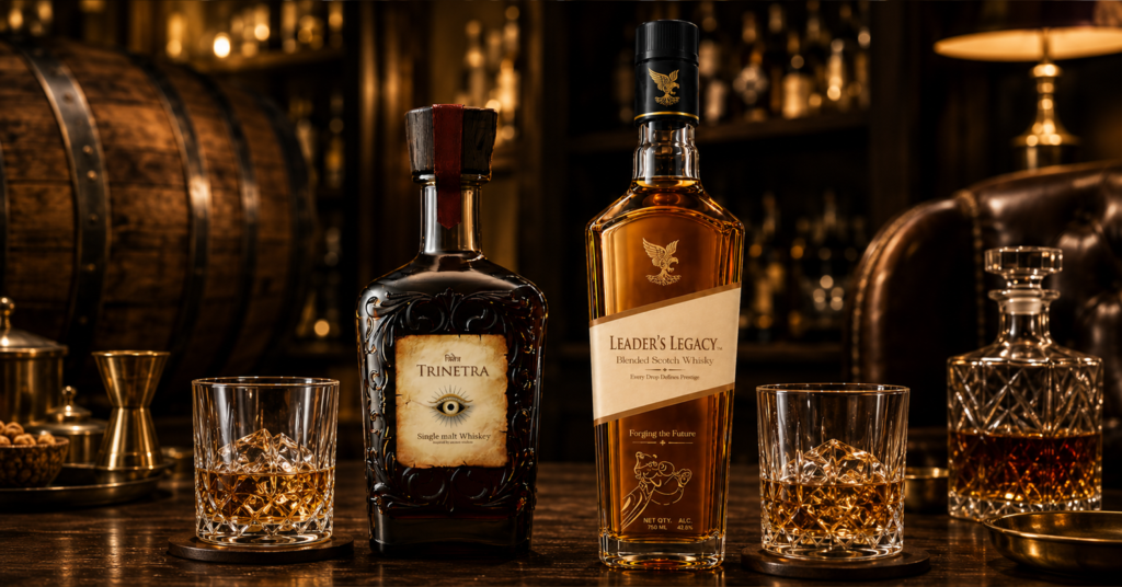 Single malt vs blended whisky comparison with two whisky bottles